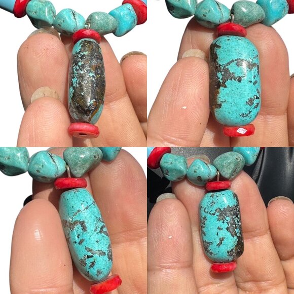 Vintage Native American Turquoise & Coral Beaded Necklace W Center Stone Pendant - Picture 5 of 7